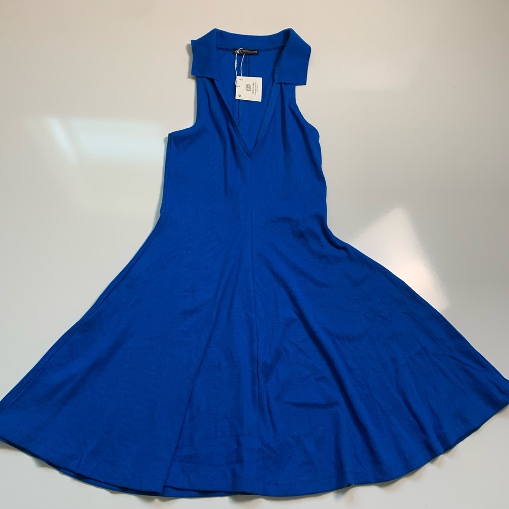 NWT‎ Zara Blue Lapel Collared Sleeveless Ribbed Skater Knit Mini Dress Size M